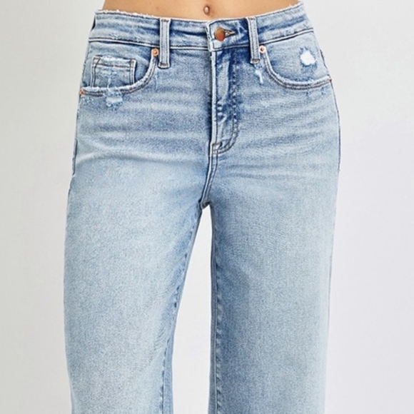 RISEN High-Rise Wide Leg Tummy Control Pants Distressed Cropped Denim Blue Jeans - Picture 4 of 15